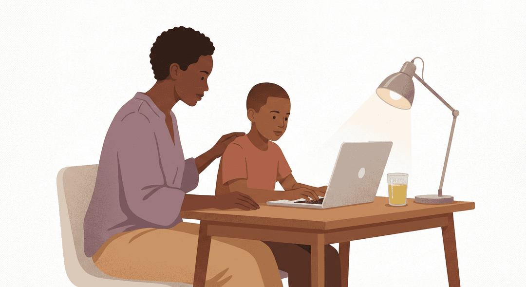 Mother and son learning together on laptop