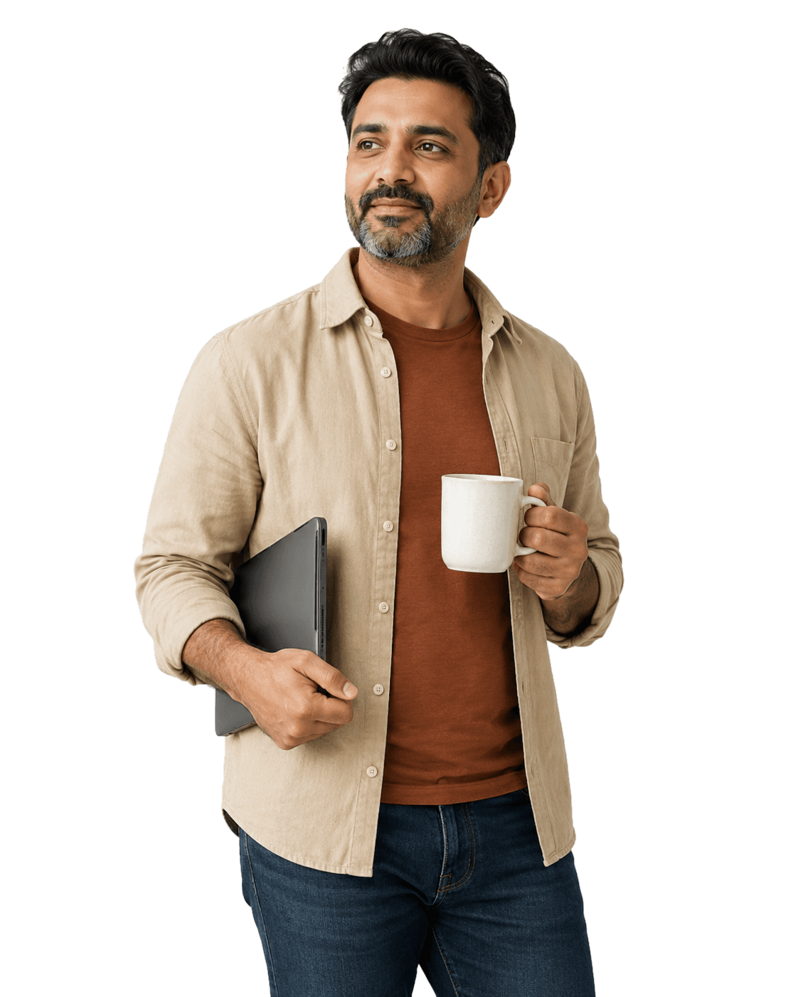 A parent holding a laptop and a mug